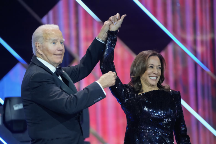 Joe Biden and Democratic presidential nominee Kamala Harris at the Congressional Black Caucus Foundation's Phoenix Awards dinner in Washington.